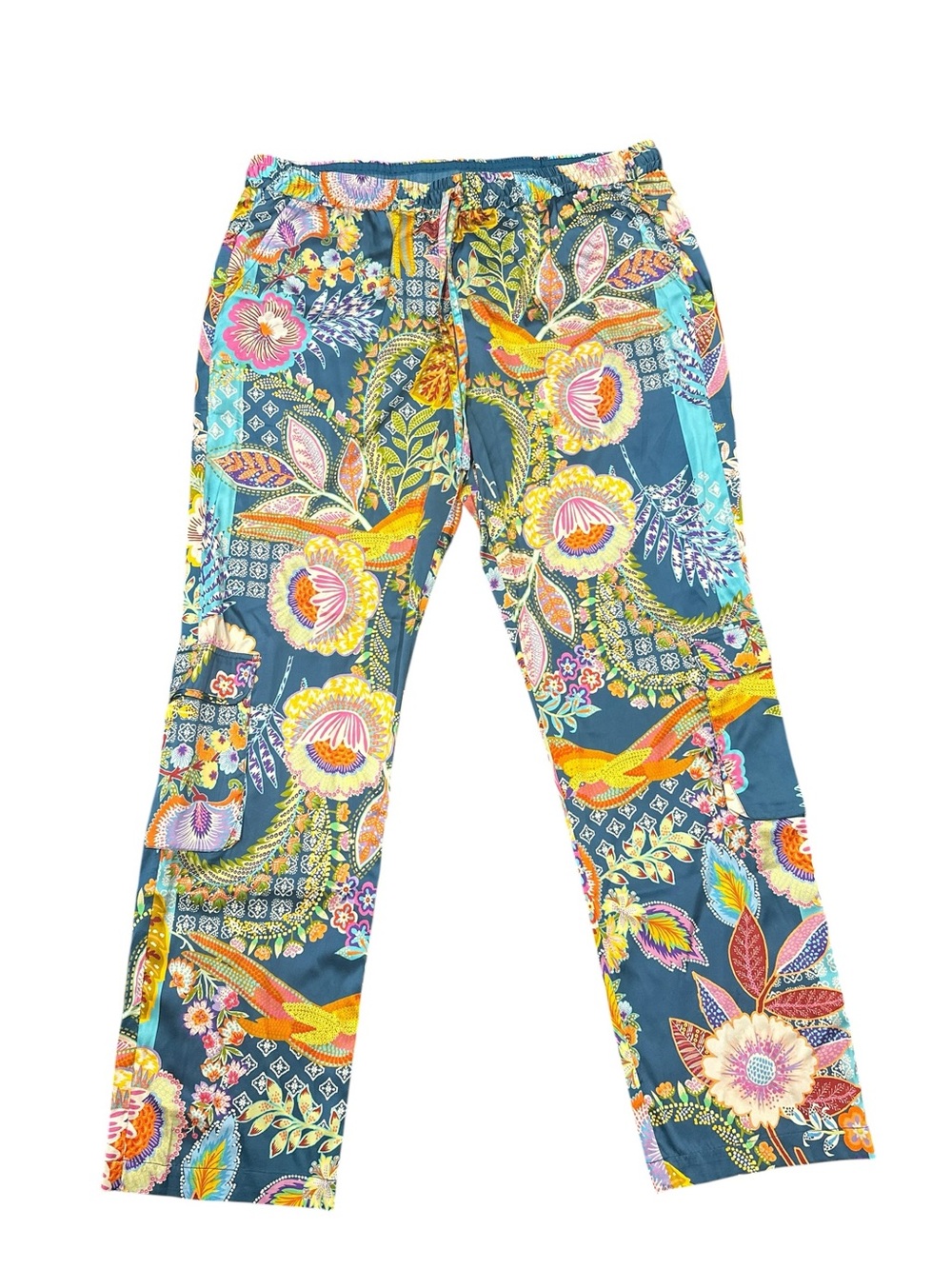 Johnny Was NWT Silk Wide Leg Palazzo Pants XL Blue Floral Paisley Boho